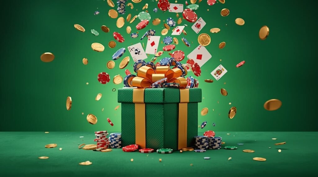 Uma caixa de presente verde com fitas, cercada por fichas de cassino e cartas de jogo caindo.